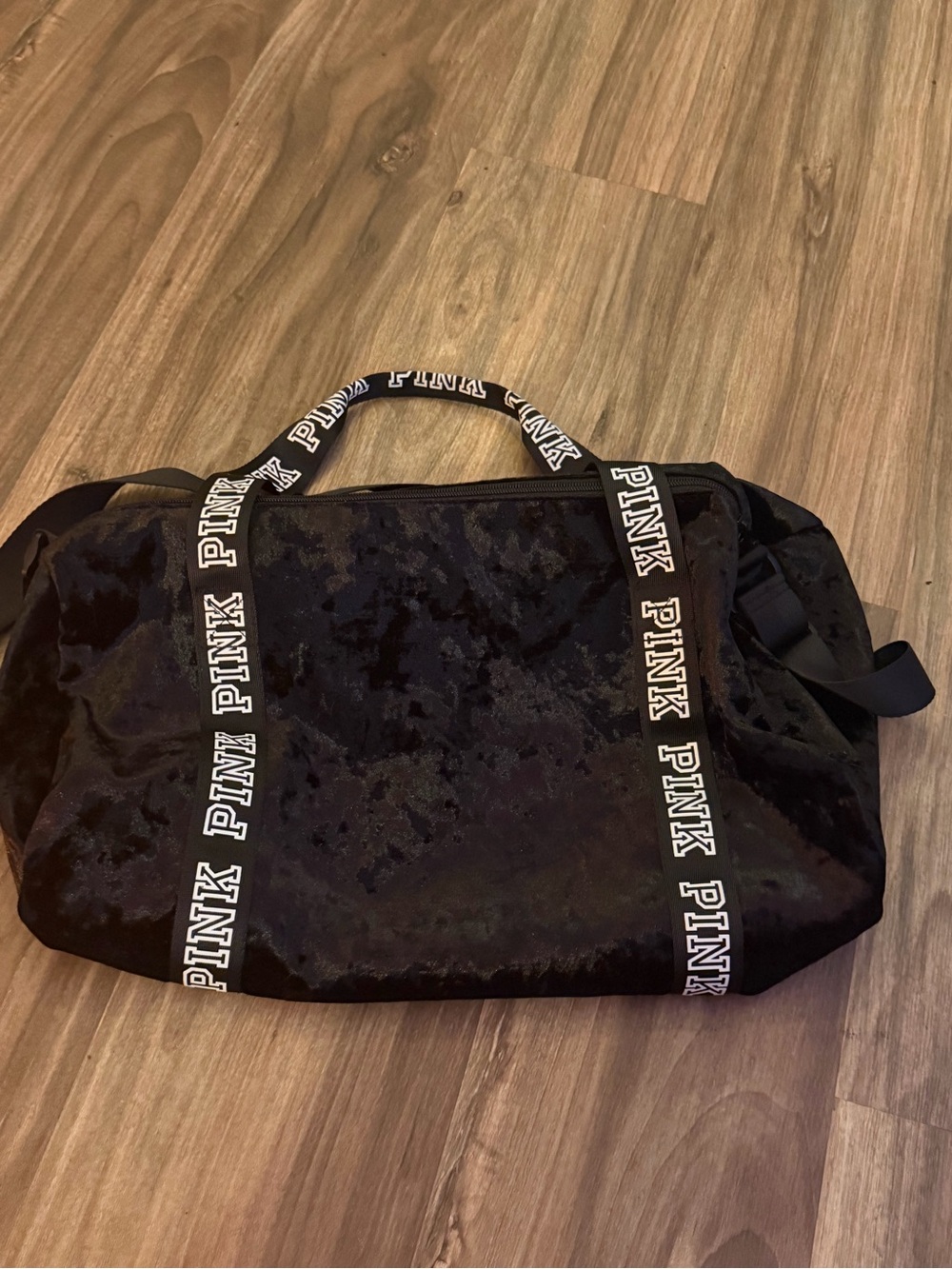 PINK Victoria's Secret Black Velvet Duffel with Branded Webbing